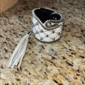 Elegant Silver and White Leather Tassel Bracelet